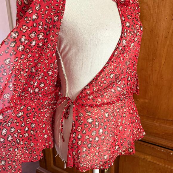 Zara RED animal print WRAP blouse V neck tie close sheer ruffle size M medium - Picture 8 of 15